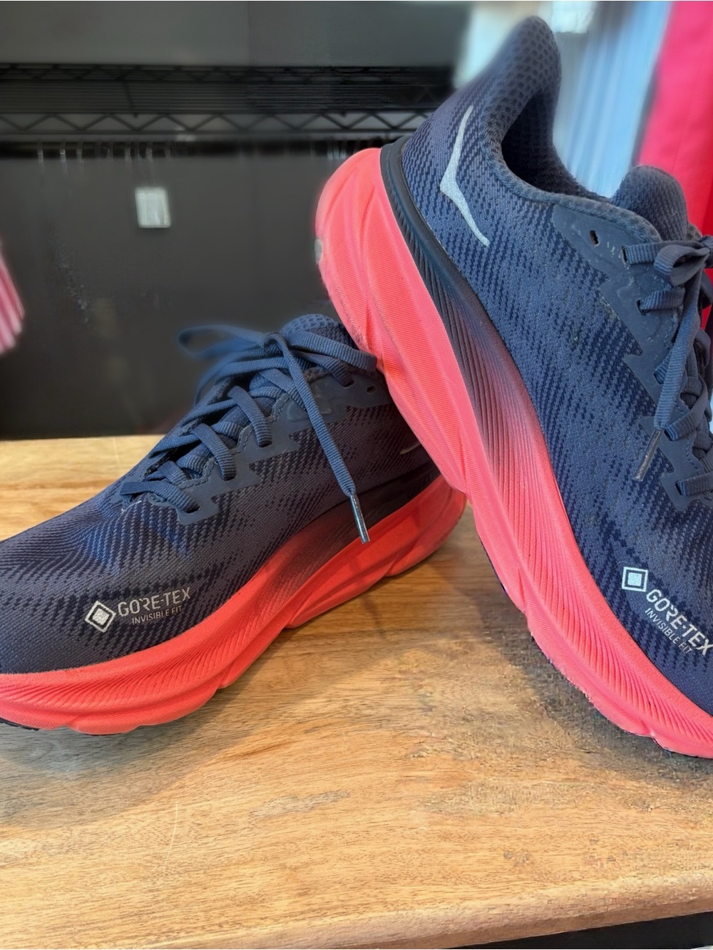HOKA Clifton 9 GTX Gore-Tex Running Shoes Navy Coral Women’s 8.5
